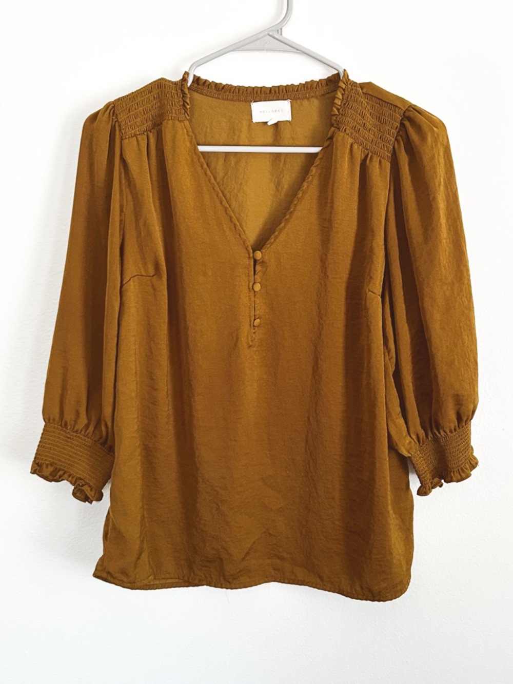 MELLODAY Rust Brown V-Neck Smocked Shoulder Blouse